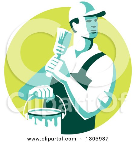 Clipart of a Retro Male House Painter Holding a Brush and Bucket, Looking Back in a Green Circle - Royalty Free Vector Illustration by patrimonio
