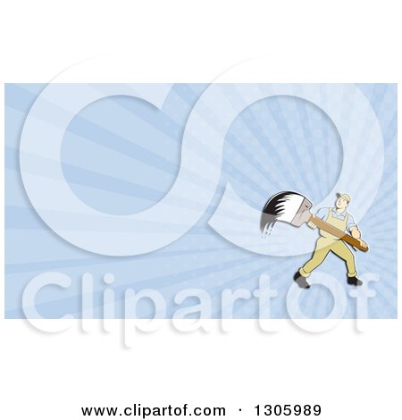 Clipart of a Retro Cartoon White Male House Painter with a Giant Brush and Pastel Blue Rays Background or Business Card Design - Royalty Free Illustration by patrimonio