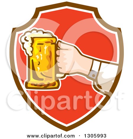 Clipart of a Caucasian Hand Holding out a Frothy Beer Mug in a Brown White and Red Shield - Royalty Free Vector Illustration by patrimonio