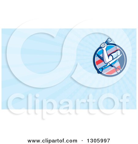 Clipart of a Retro Barber Arm Holding a Brush over Scissors and Pastel Blue Rays Background or Business Card Design - Royalty Free Illustration by patrimonio
