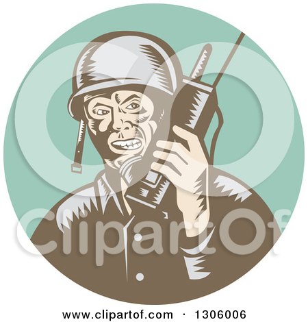Clipart of a Retro Woodcut World War Two Soldier Talking on a Field Radio in a Turquoise Circle - Royalty Free Vector Illustration by patrimonio