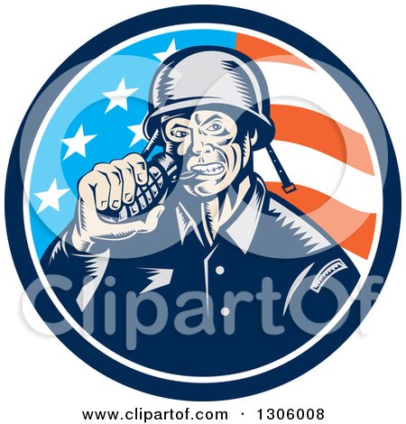 Clipart of a Retro Woodcut World War Two Soldier Biting a Grenade in an American Flag Circle - Royalty Free Vector Illustration by patrimonio