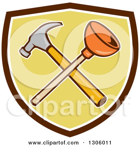 Clipart of a Cartoon Crossed Plunger and Hammer in a Brown White and Green Shield - Royalty Free Vector Illustration by patrimonio