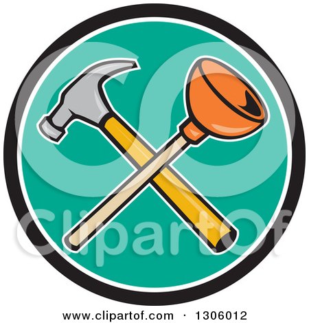 Clipart of a Cartoon Crossed Plunger and Hammer in a Black White and Turquoise Circle - Royalty Free Vector Illustration by patrimonio