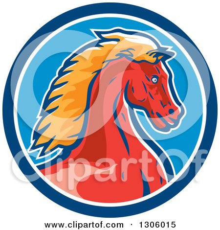 Clipart of a Red and Orange Young Cold Horse Head in a Blue and White Circle - Royalty Free Vector Illustration by patrimonio