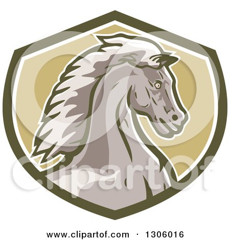 Clipart of a Retro Young Cold Horse Head in a Green and White Shield - Royalty Free Vector Illustration by patrimonio