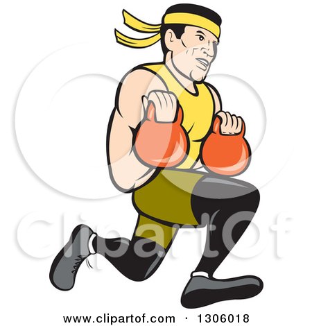 Clipart of a Cartoon Male Asian Crossfit Athlete Running with Kettlebells - Royalty Free Vector Illustration by patrimonio