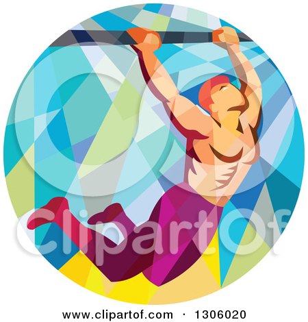 Clipart of a Retro Low Poly Male Crossfit Athlete Doing Pull Ups on a Bar in a Circle - Royalty Free Vector Illustration by patrimonio