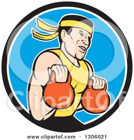 Clipart of a Cartoon Male Asian Crossfit Athlete Working out with Kettlebells in a Black White and Blue Circle - Royalty Free Vector Illustration by patrimonio
