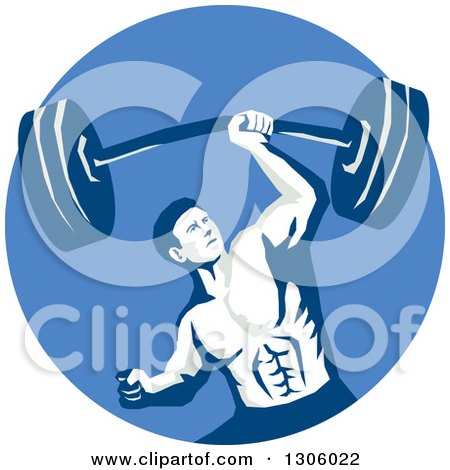 Clipart of a Retro Strongman Bodybuilder Lifting a Barbell One Handed in a Blue Circle - Royalty Free Vector Illustration by patrimonio