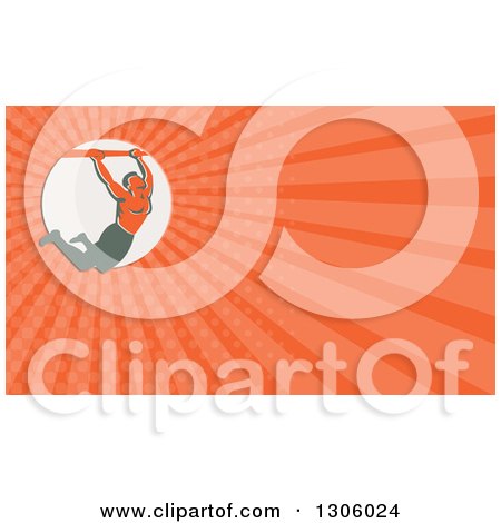 Clipart of a Retro Strong Male Athlete Doing Pull Ups on a Bar and Orange Rays Background or Business Card Design - Royalty Free Illustration by patrimonio