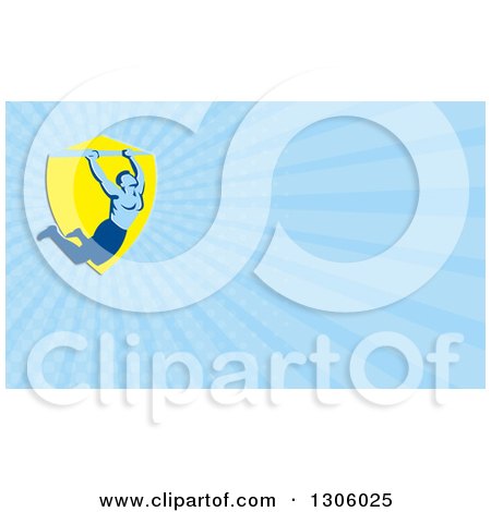 Clipart of a Retro Strong Male Athlete Doing Pull Ups on a Bar and Blue Rays Background or Business Card Design - Royalty Free Illustration by patrimonio