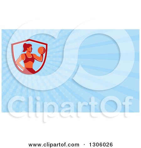 Clipart of a Retro Muscular Fit Woman Working out with a Dumbbell and Doing Bicep Curls and Light Blue Rays Background or Business Card Design - Royalty Free Illustration by patrimonio
