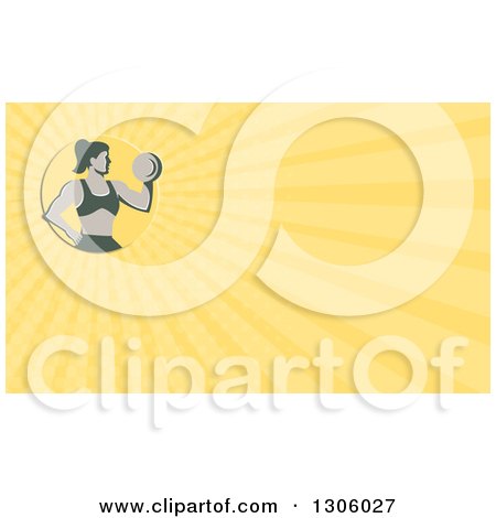 Clipart of a Retro Muscular Fit Woman Working out with a Dumbbell and Doing Bicep Curls and Yellow Rays Background or Business Card Design - Royalty Free Illustration by patrimonio