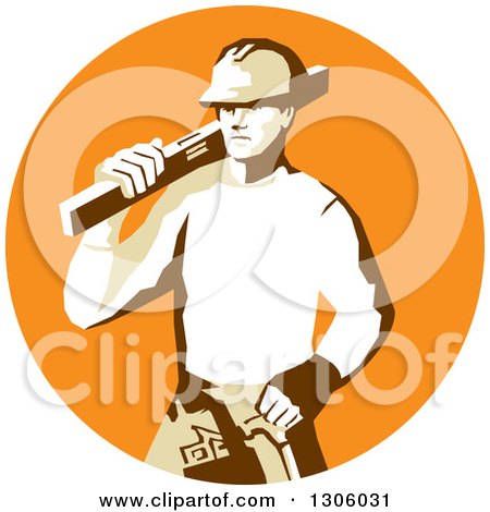 Clipart of a Retro Stencil Styled Construction Worker Builder Carrying a Spirit Level on His Shoulder in an Orange Circle - Royalty Free Vector Illustration by patrimonio