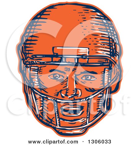 Clipart of a Sketched or Engraved Blue White and Orange American Football Player Head in a Helmet - Royalty Free Vector Illustration by patrimonio