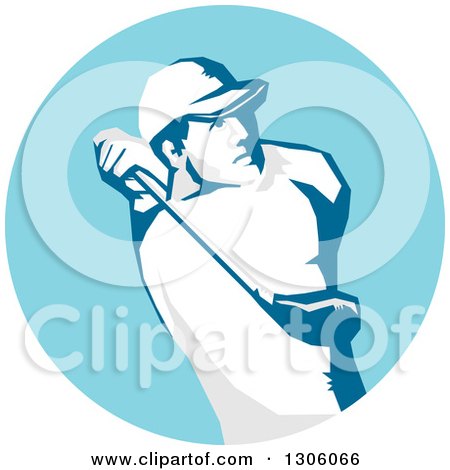 Clipart of a Stencil Styled Male Golfer Swinging in a Blue Circle - Royalty Free Vector Illustration by patrimonio