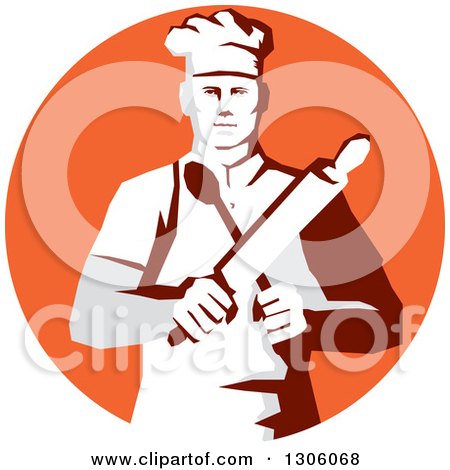 Clipart of a Retro Stencil Styled Cook Holding a Spoon and Rolling Pin in an Orange Circle - Royalty Free Vector Illustration by patrimonio