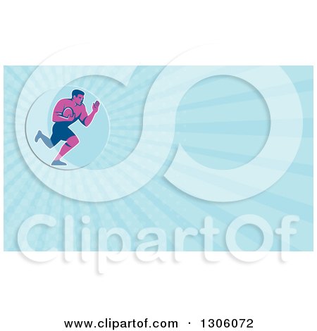 Clipart of a Retro Purple Male Rugby Player Running and Fending in a Blue Circle and Blue Rays Background or Business Card Design - Royalty Free Illustration by patrimonio
