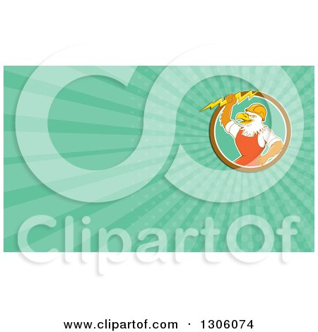 Clipart of a Retro Cartoon Electrician Bald Eagle Holding a Bolt and Turquoise Rays Background or Business Card Design - Royalty Free Illustration by patrimonio