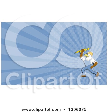 Clipart of a Retro Cartoon Electrician Bald Eagle Holding a Bolt and Blue Rays Background or Business Card Design - Royalty Free Illustration by patrimonio