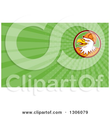 Clipart of a Retro Cartoon Bald Eagle Construction Worker Wearing a Hardhat and Green Rays Background or Business Card Design - Royalty Free Illustration by patrimonio