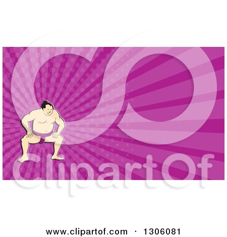 Clipart of a Cartoon Crouching Sumo Wrestler and Purple Rays Background or Business Card Design - Royalty Free Illustration by patrimonio
