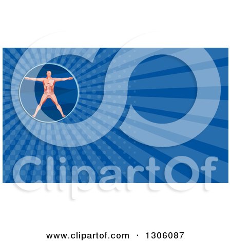 Clipart of a Retro Low Poly Davinci Vitruvian Man and Dark Blue Rays Background or Business Card Design - Royalty Free Illustration by patrimonio