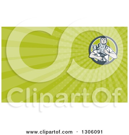 Clipart of a Retro Male Cameraman and Green Rays Background or Business Card Design - Royalty Free Illustration by patrimonio