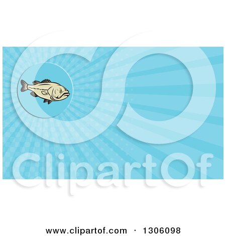 Clipart of a Cartoon Largemouth Bass Fish and Blue Rays Background or Business Card Design - Royalty Free Illustration by patrimonio