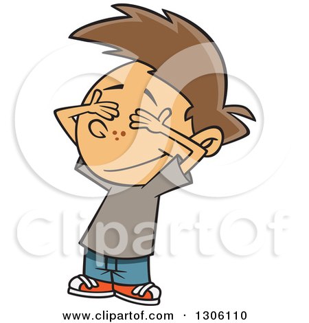 Clipart of a Cartoon Brunette White Boy Covering His Eyes - Royalty Free Vector Illustration by toonaday