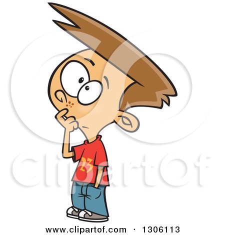 Clipart of a Cartoon Brunette White Boy Touching His Face and Thinking - Royalty Free Vector Illustration by toonaday