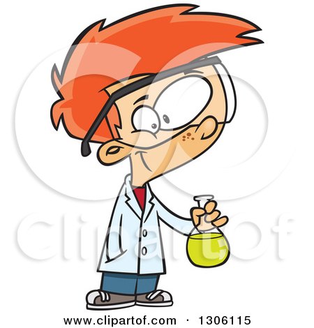 Clipart of a Cartoon Smart Red Haired White Boy Holding a Flask in a Science Lab - Royalty Free Vector Illustration by toonaday