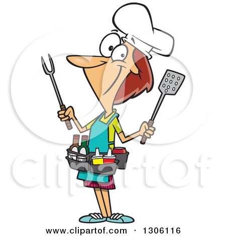 Clipart of a Cartoon White Barbeque Queen Woman with Utensils and Condiments - Royalty Free Vector Illustration by toonaday