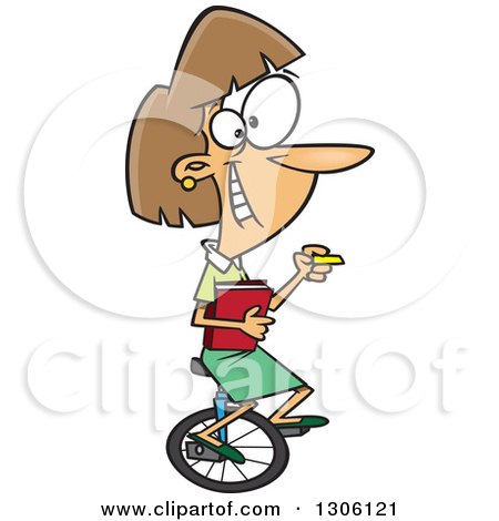 Clipart of a Cartoon Happy Brunette White Female Teacher Riding a Unicycle, Holding Books and Chalk - Royalty Free Vector Illustration by toonaday