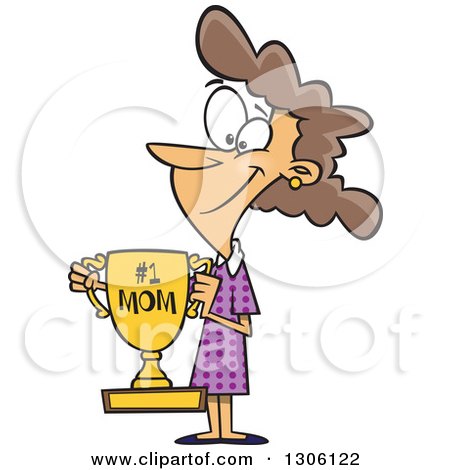 Clipart of a Cartoon Happy Brunette White Mom Holding a Trophy - Royalty Free Vector Illustration by toonaday