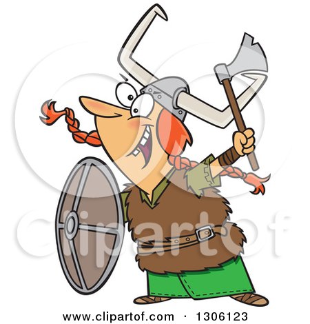 Clipart of a Cartoon Excited Red Haired White Female Viking Ready for Battle - Royalty Free Vector Illustration by toonaday