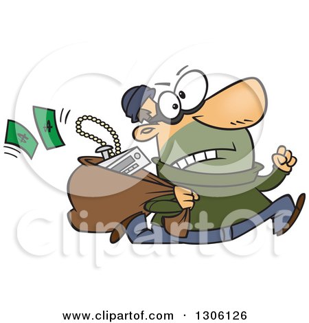 Clipart of a Cartoon Hasty White Male Burglar Running with a Sack of Stolen Goods - Royalty Free Vector Illustration by toonaday