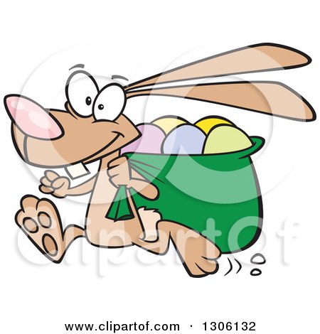 Clipart of a Cartoon Happy Running Brown Bunny Rabbit with a Sack of Eggs - Royalty Free Vector Illustration by toonaday