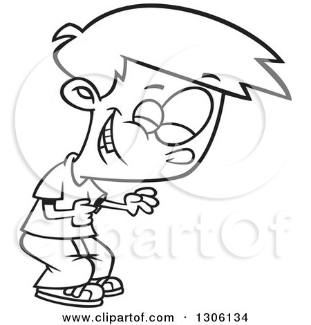 Lineart Clipart of a Cartoon Black and White Boy Clutching His Tummy and Laughing - Royalty Free Outline Vector Illustration by toonaday
