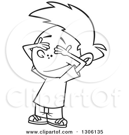 Lineart Clipart of a Cartoon Black and White Boy Covering His Eyes - Royalty Free Outline Vector Illustration by toonaday