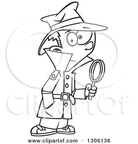 Lineart Clipart of a Cartoon Black and White Detective Boy Holding a Magnifying Glass - Royalty Free Outline Vector Illustration by toonaday