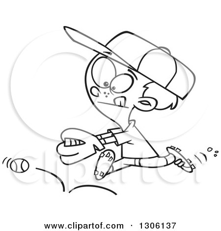Lineart Clipart of a Cartoon Black and White Boy Chasing a Bouncing Baseball - Royalty Free Outline Vector Illustration by toonaday
