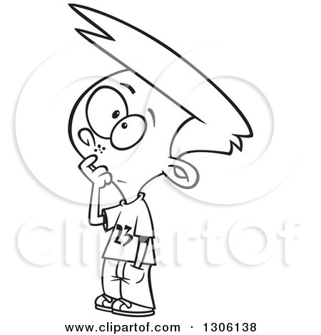 Lineart Clipart of a Cartoon Black and White Boy Touching His Face and Thinking - Royalty Free Outline Vector Illustration by toonaday