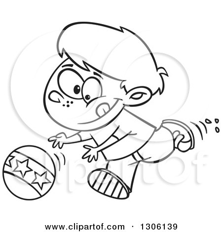 Lineart Clipart of a Cartoon Black and White Boy Playing and Chasing a Ball - Royalty Free Outline Vector Illustration by toonaday