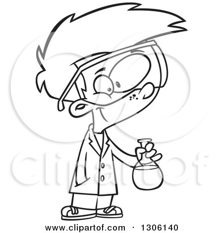 Lineart Clipart of a Cartoon Black and White Smart Boy Holding a Flask in a Science Lab - Royalty Free Outline Vector Illustration by toonaday