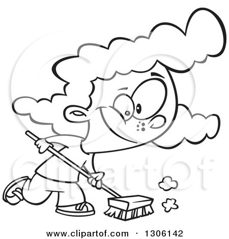 Lineart Clipart of a Cartoon Black and White Girl Using a Shop Broom - Royalty Free Outline Vector Illustration by toonaday