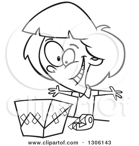Lineart Clipart of a Cartoon Black and White Excited Girl Wrapping a ...