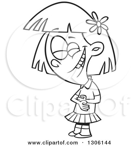 Lineart Clipart of a Cartoon Black and White Girl Holding Her Tummy and Laughing - Royalty Free Outline Vector Illustration by toonaday