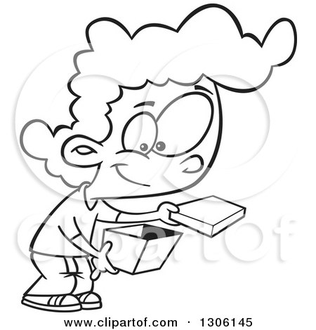 Lineart Clipart of a Cartoon Black and White Happy Girl Opening a Box - Royalty Free Outline Vector Illustration by toonaday